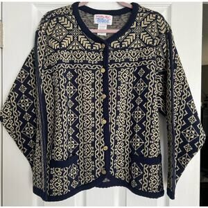 Tally-Ho Sweater Jacket Jacquard Knit Navy Blue/Tan VTG 1990's Size 1X